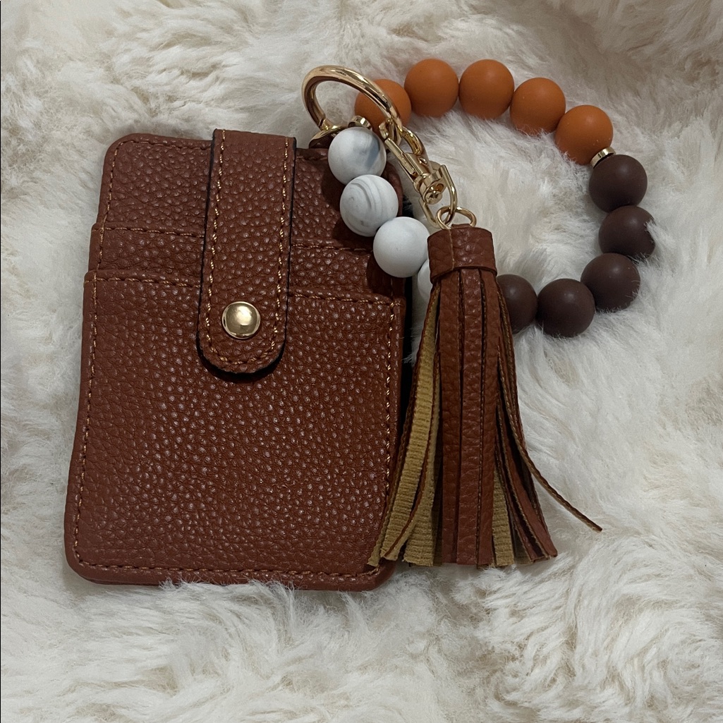Brown Leather Card Holder With Tassel Keychain